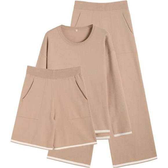 Set 3 Piece Outfit Long Sleeve Knit Pullover Wide Leg Pants Lounge Set